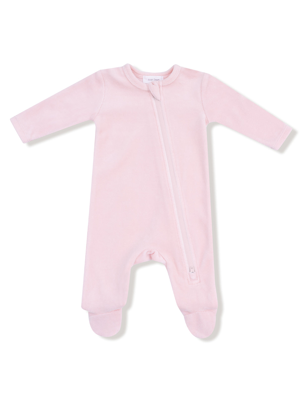 Light pink baby onesie featuring long sleeves and a front zipper. Suitable for newborns and infants.