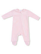 Light pink baby onesie featuring long sleeves and a front zipper. Suitable for newborns and infants.