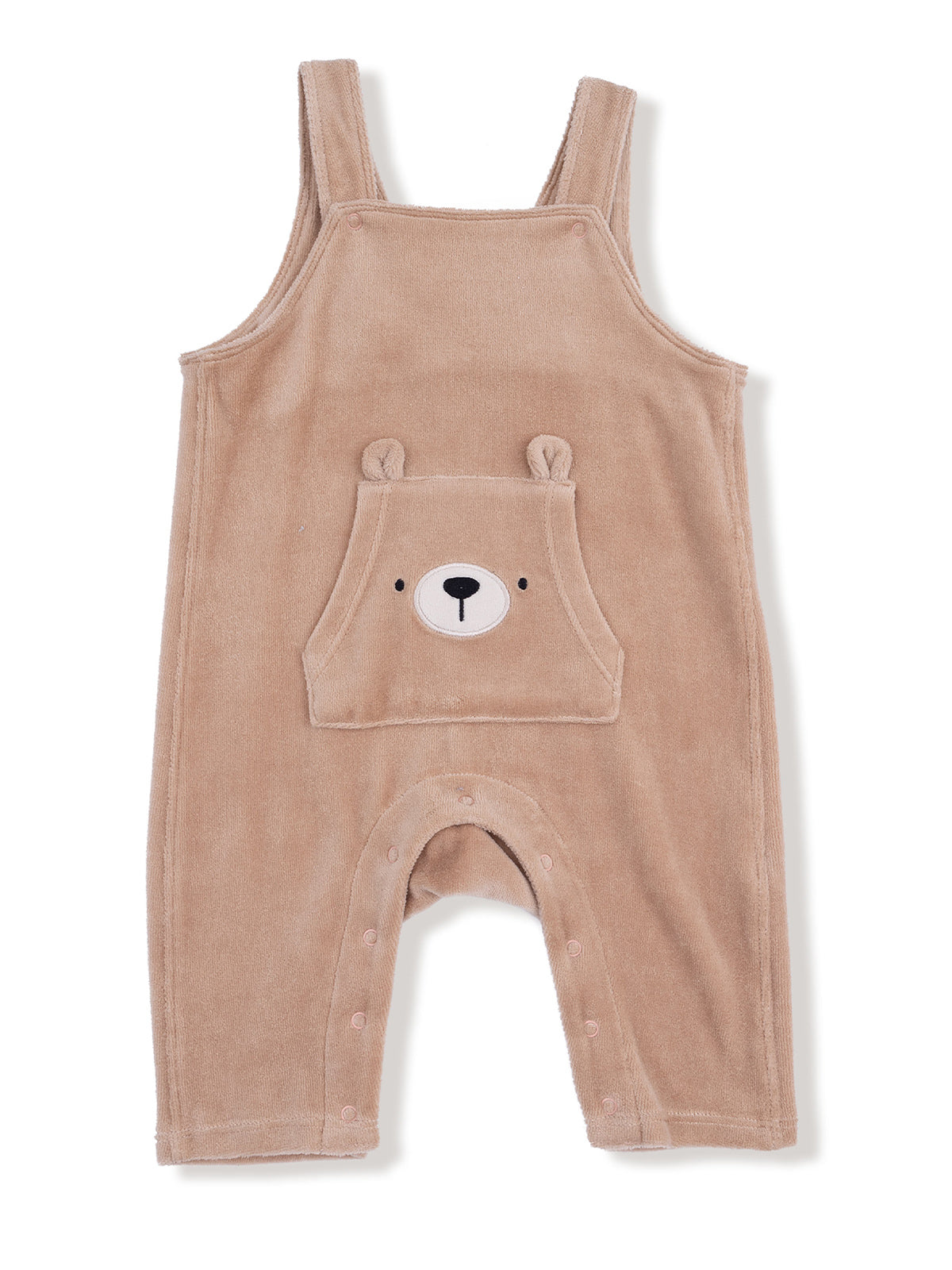 Tan baby romper with bear face pocket design, soft fabric and snap closure at the legs. Perfect for cozy outings.
