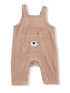 Tan baby romper with bear face pocket design, soft fabric and snap closure at the legs. Perfect for cozy outings.