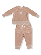 Tan children's loungewear set featuring a bear design on the sweatshirt and matching pants.