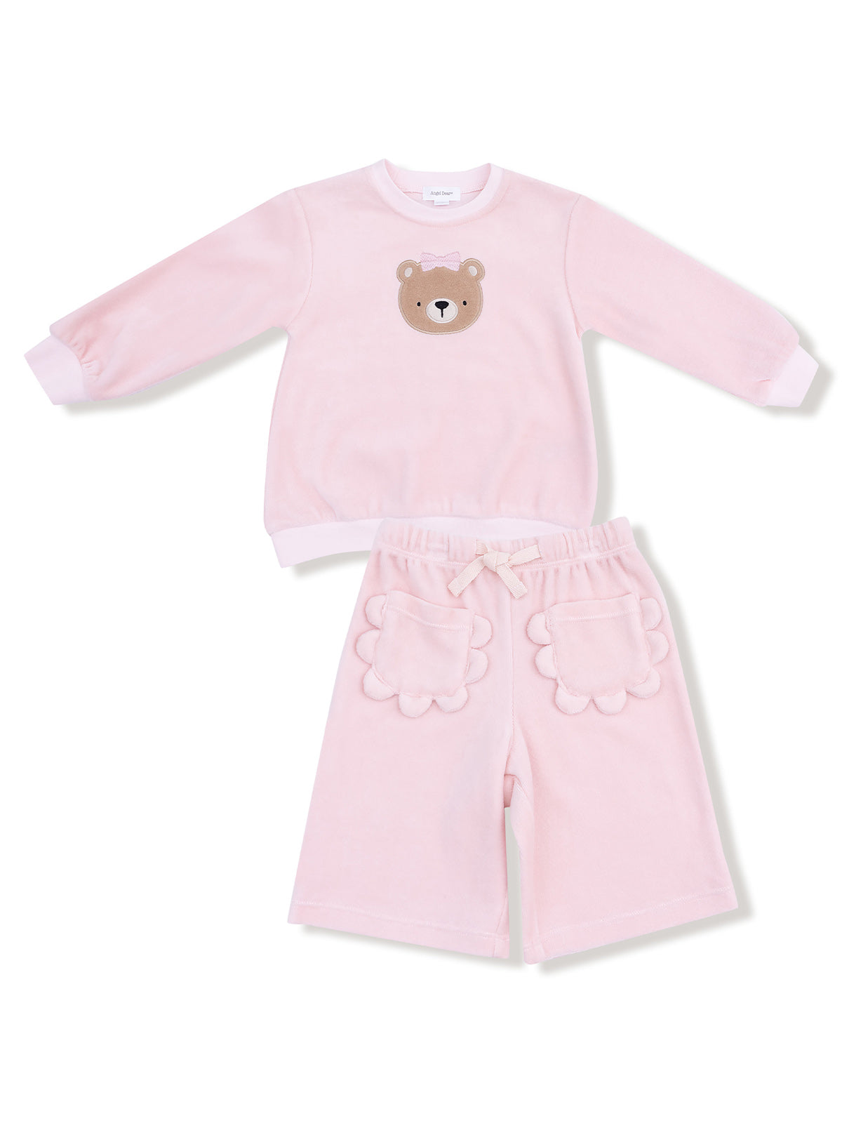 Pink children's outfit featuring a bear design on the top and scalloped pockets on the shorts.