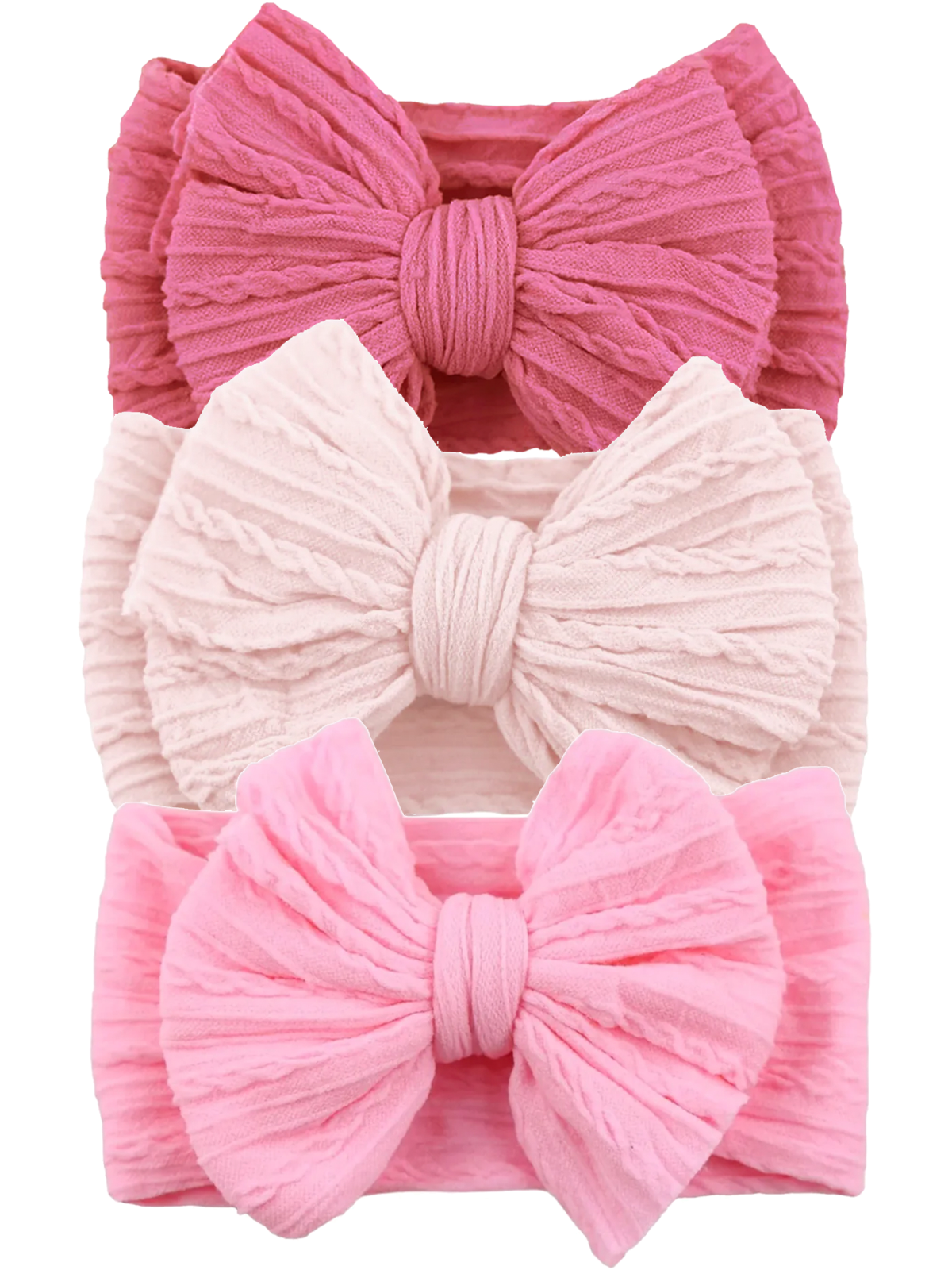 Three soft fabric headbands with large bows in varying shades of pink.