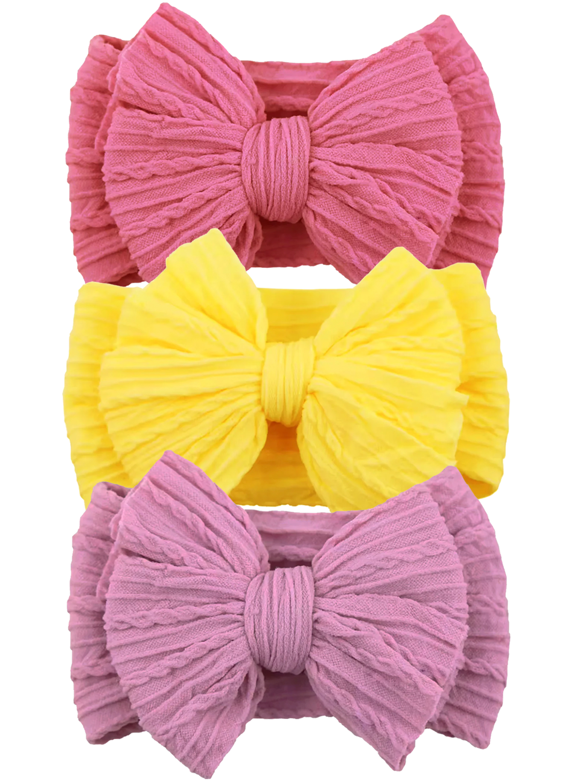 Three textured hair bows in pink, yellow, and lavender stacked vertically on a white background.