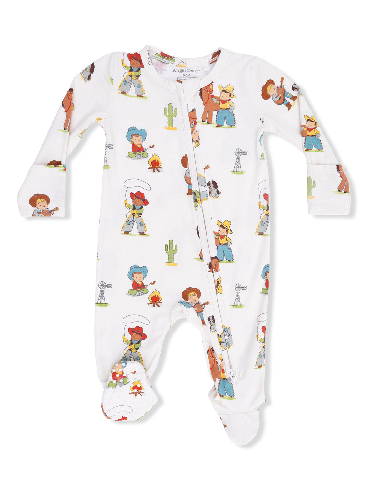 White onesie with colorful cowboy and cowgirl illustrations, featuring cacti and campfire scenes. Size 0-3 months.