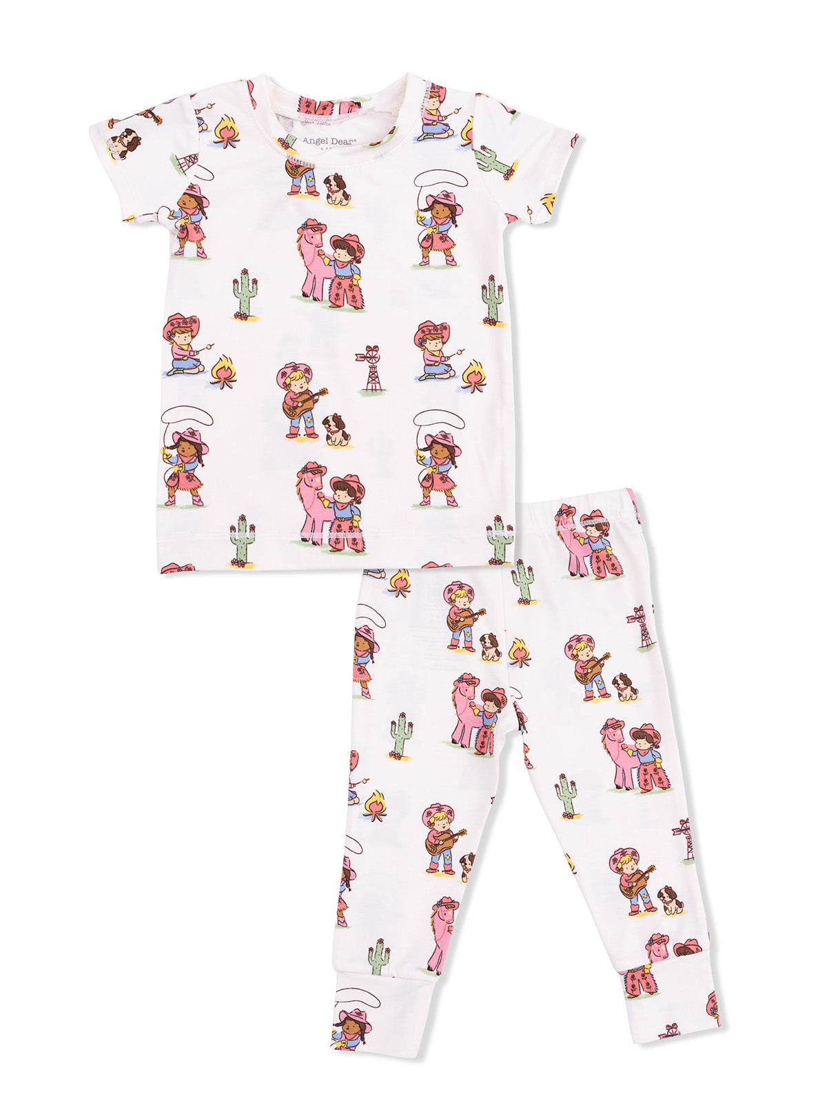 Children's pajama set featuring playful western-themed illustrations on a white background.