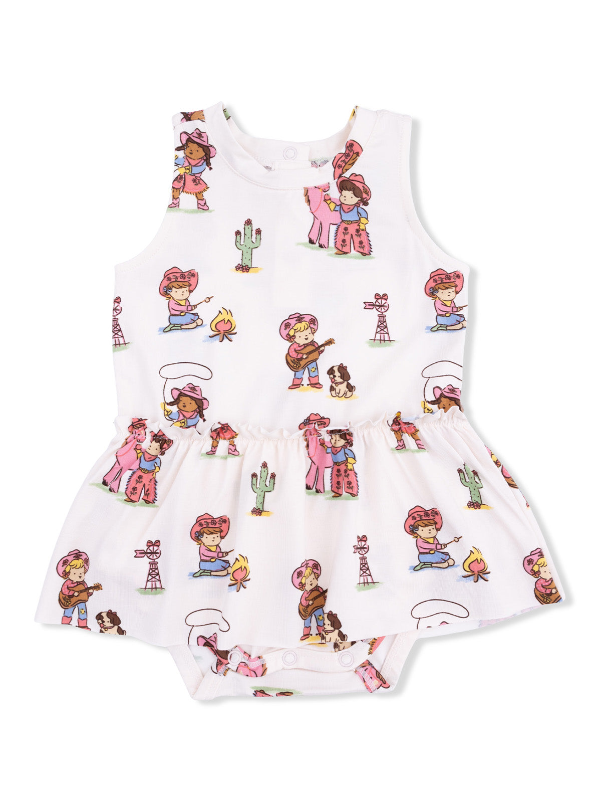 White baby dress featuring colorful Western-themed cartoon characters and patterns. Suitable for casual wear.
