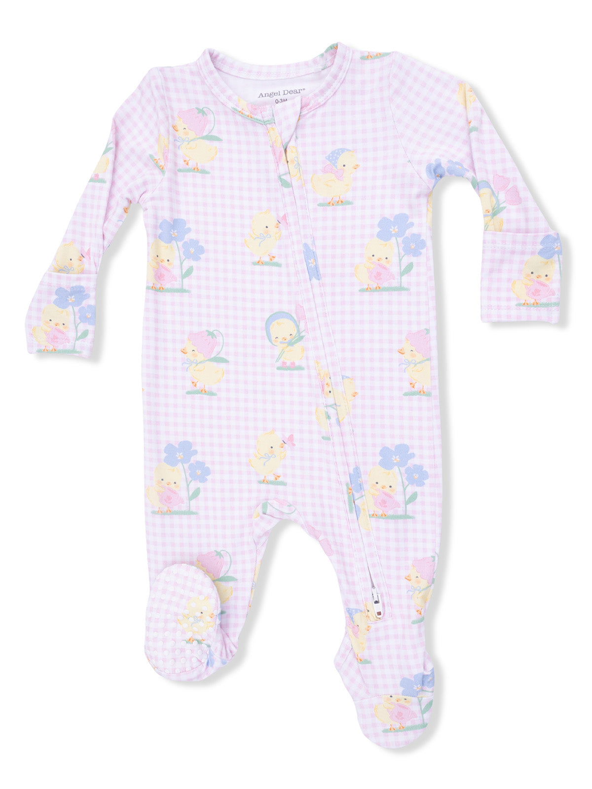 Light purple baby onesie adorned with cute chicks and flowers, featuring a front zipper and footed design.