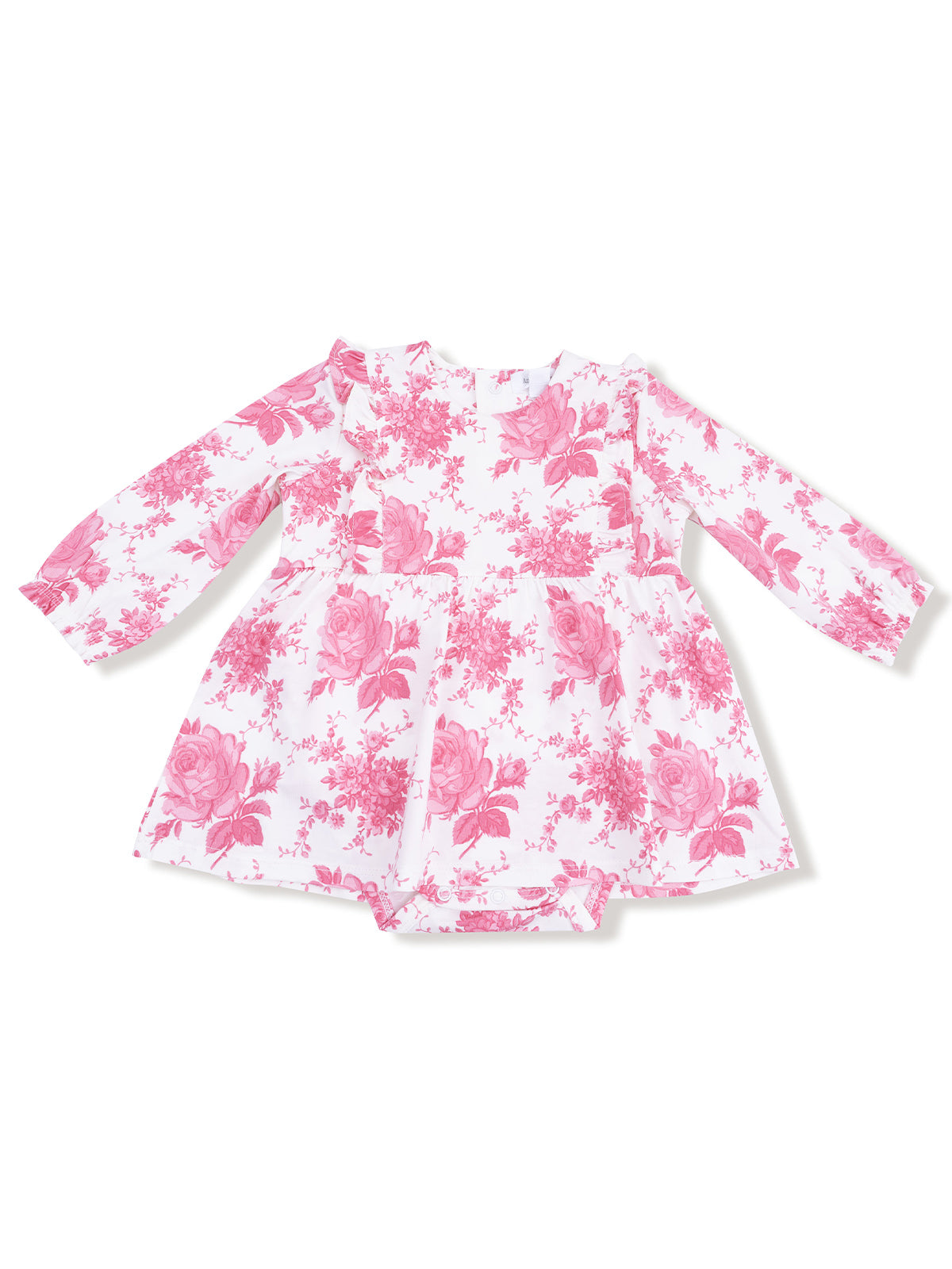 Pink floral baby dress with long sleeves and a flared skirt on a white background.
