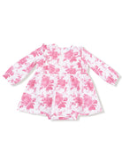 Pink floral baby dress with long sleeves and a flared skirt on a white background.