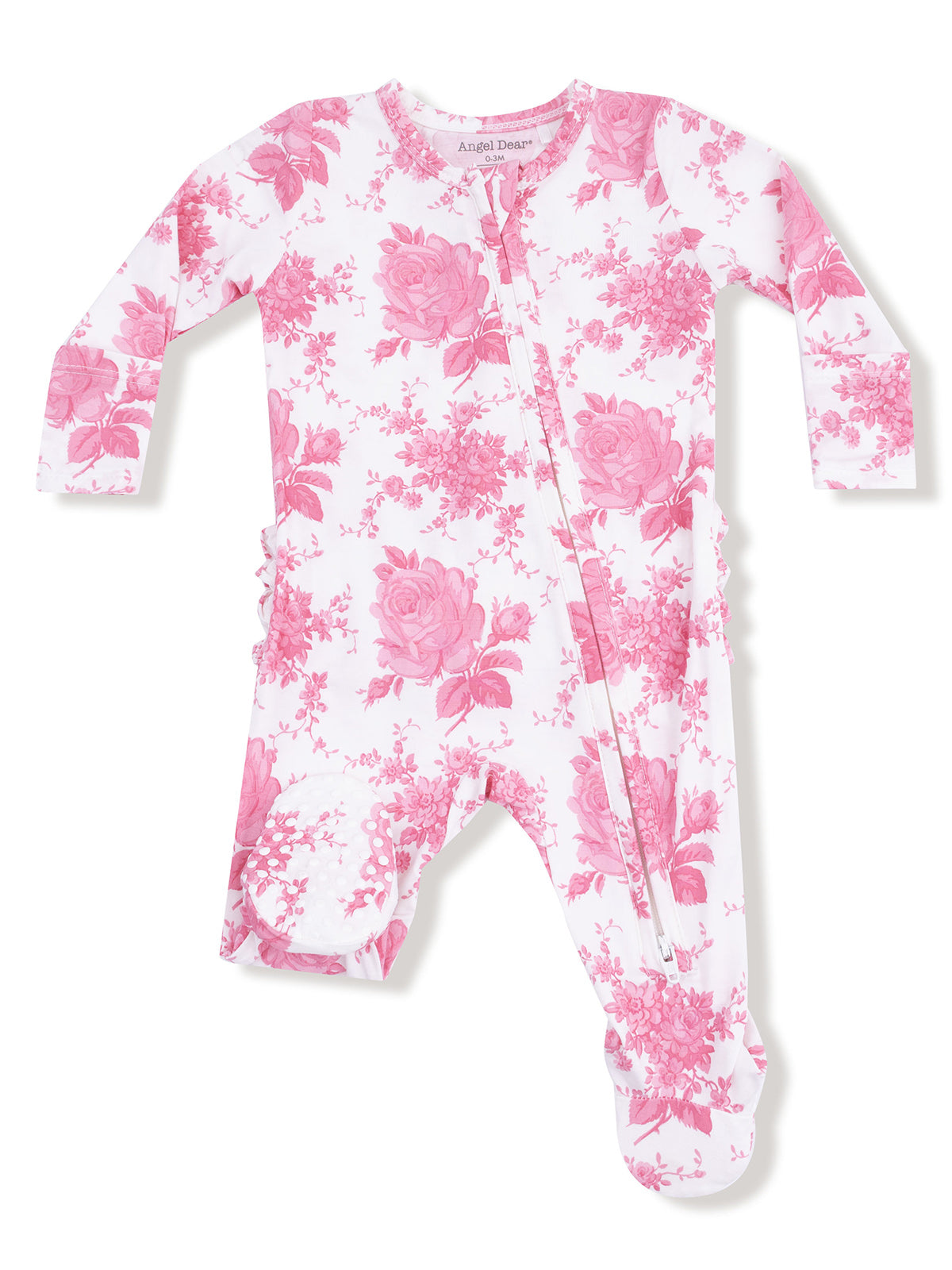 Pink floral newborn onesie with long sleeves and zipper front, designed for comfort and style.