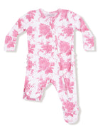Pink floral newborn onesie with long sleeves and zipper front, designed for comfort and style.