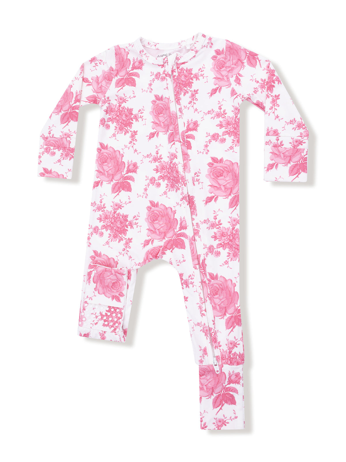 Pink floral onesie with long sleeves and a front zipper, ideal for infants and toddlers.