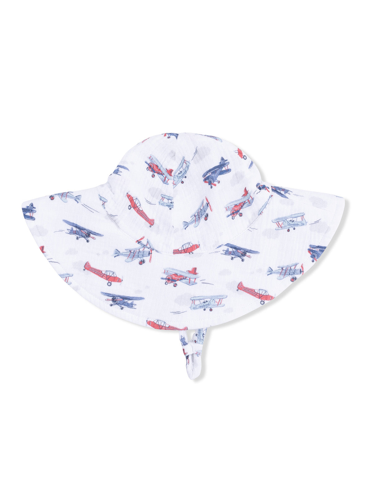 White sun hat with colorful airplane prints, designed for children, featuring a wide brim and chin strap.