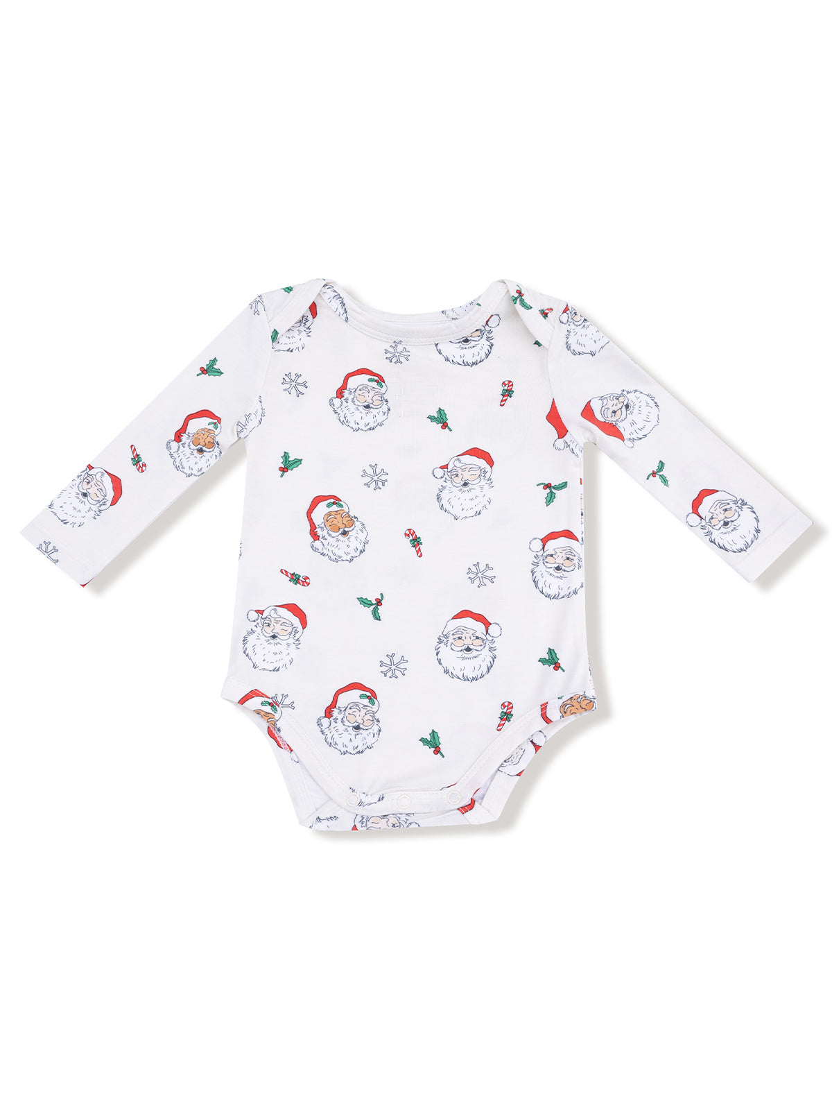 White long-sleeve onesie featuring a playful Santa Claus pattern with candy canes and snowflakes.