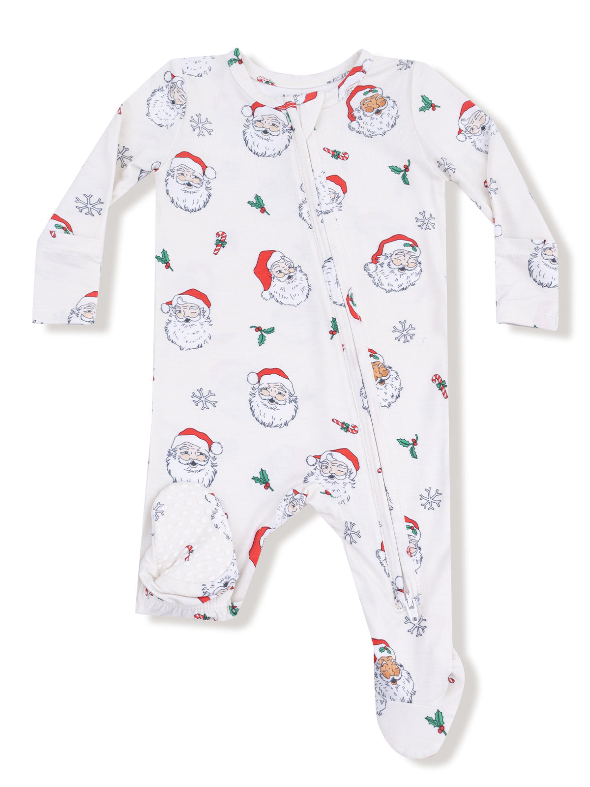 White baby onesie with Santa faces, snowflakes, and candy canes; features a zipper for easy dressing.