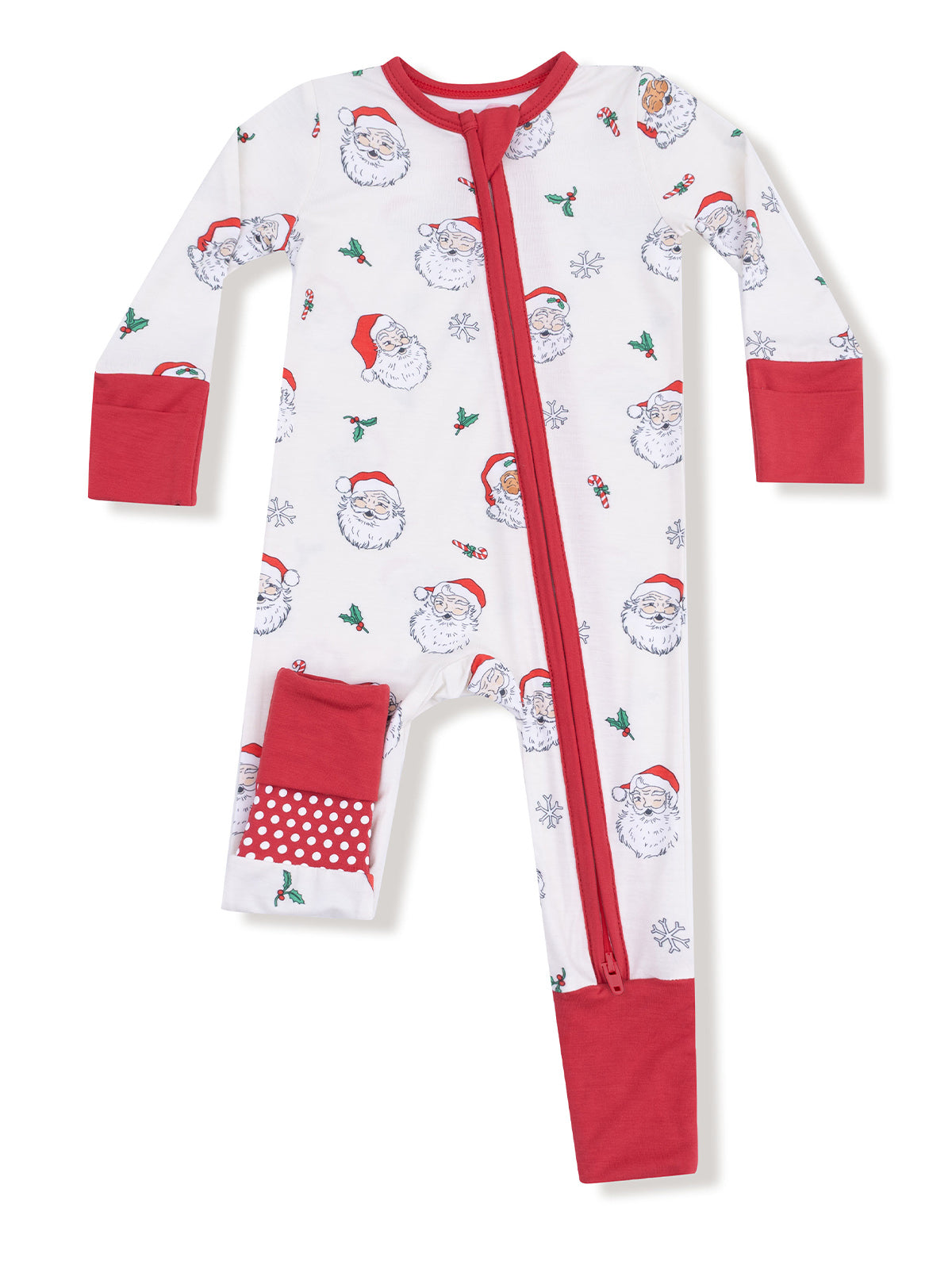Christmas-themed children's onesie with Santa faces, red accents, and a zip closure.