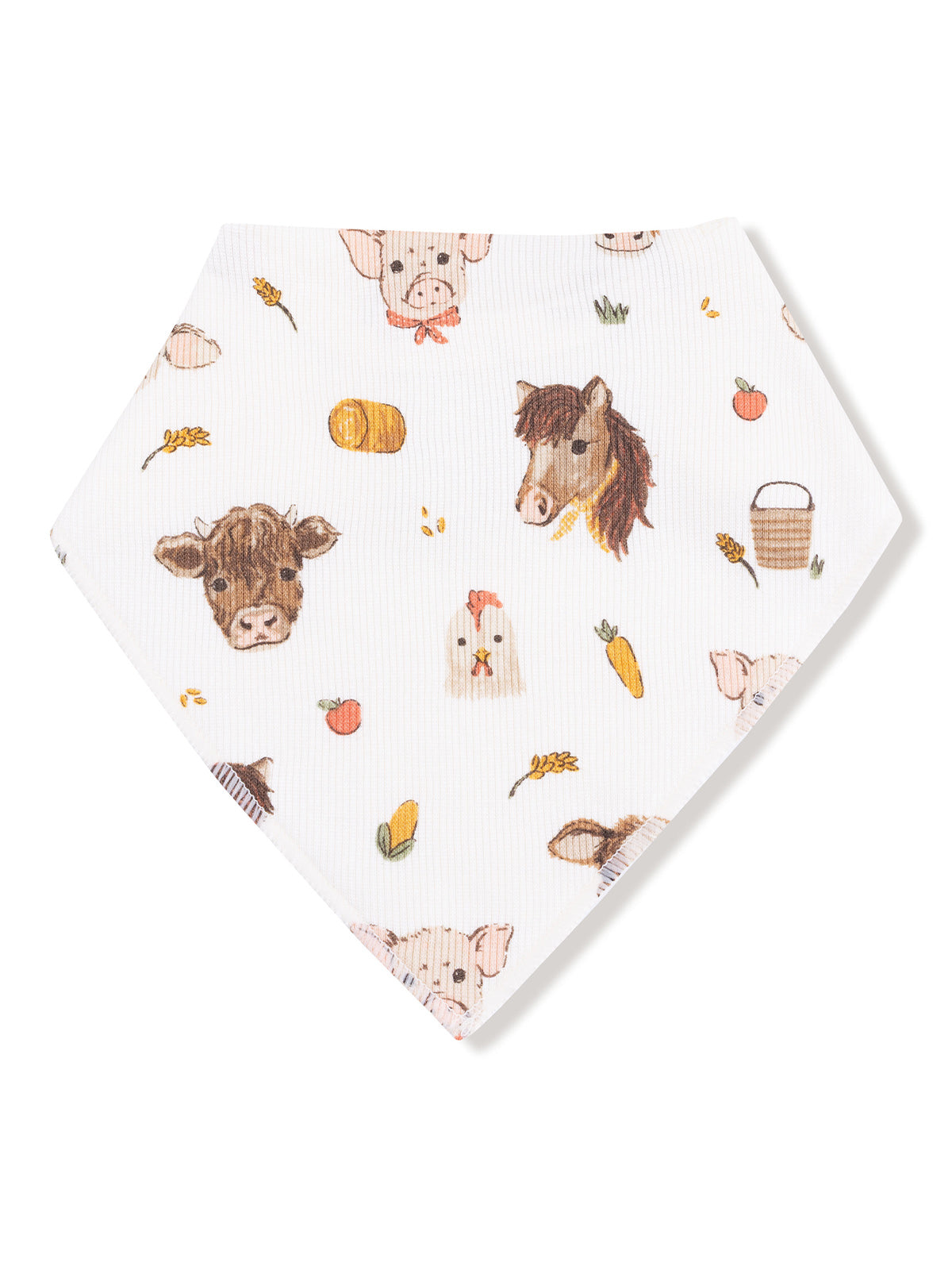 White bandana featuring adorable farm animal illustrations and vegetables. Perfect for a country-themed look.