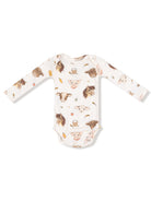 Long-sleeve baby onesie featuring cute animal prints including cows, pigs, and horses on a white background.