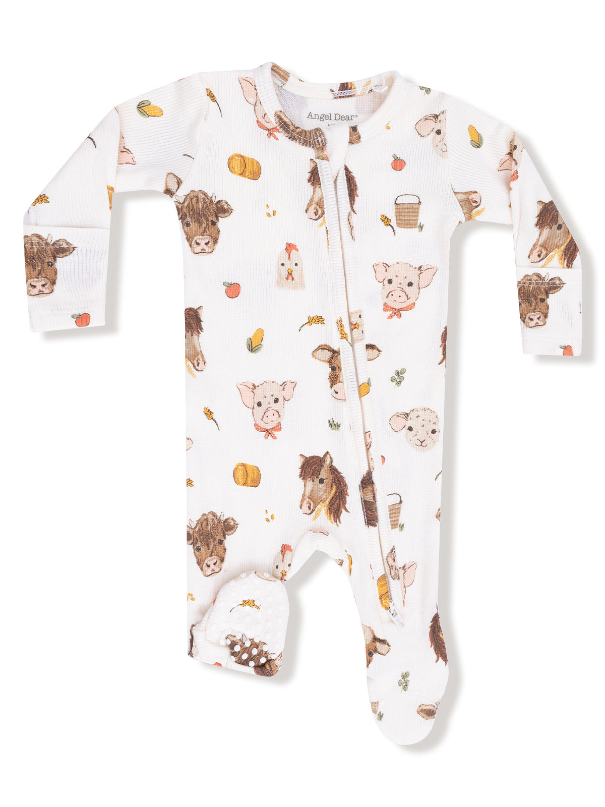 White infant onesie featuring whimsical animal prints of cows, pigs, sheep, and chickens with colorful accents.