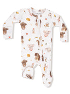 White infant onesie featuring whimsical animal prints of cows, pigs, sheep, and chickens with colorful accents.