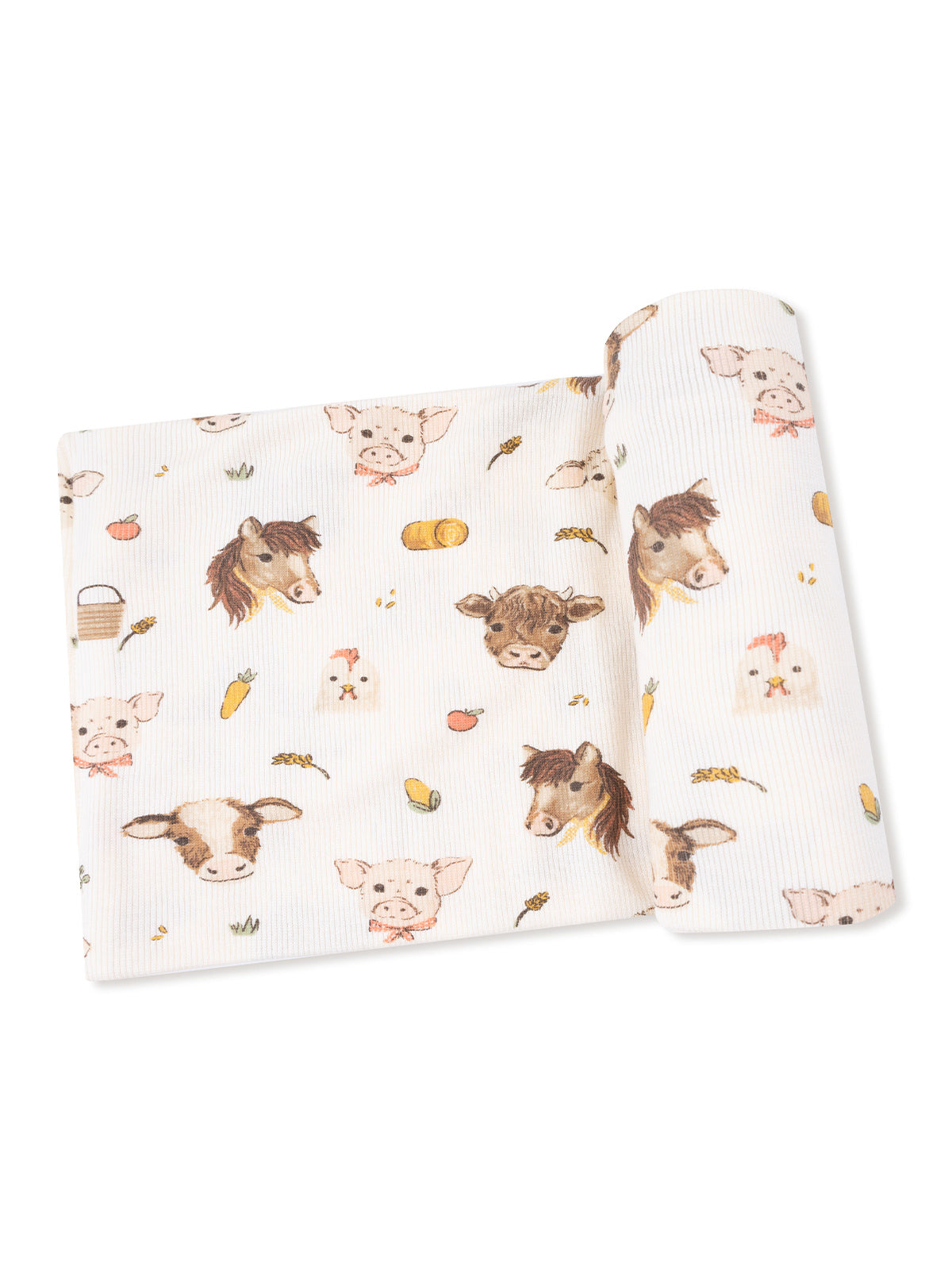 Patterned fabric featuring cute animal heads like cows, pigs, and chickens, with farm elements like hay and apples.