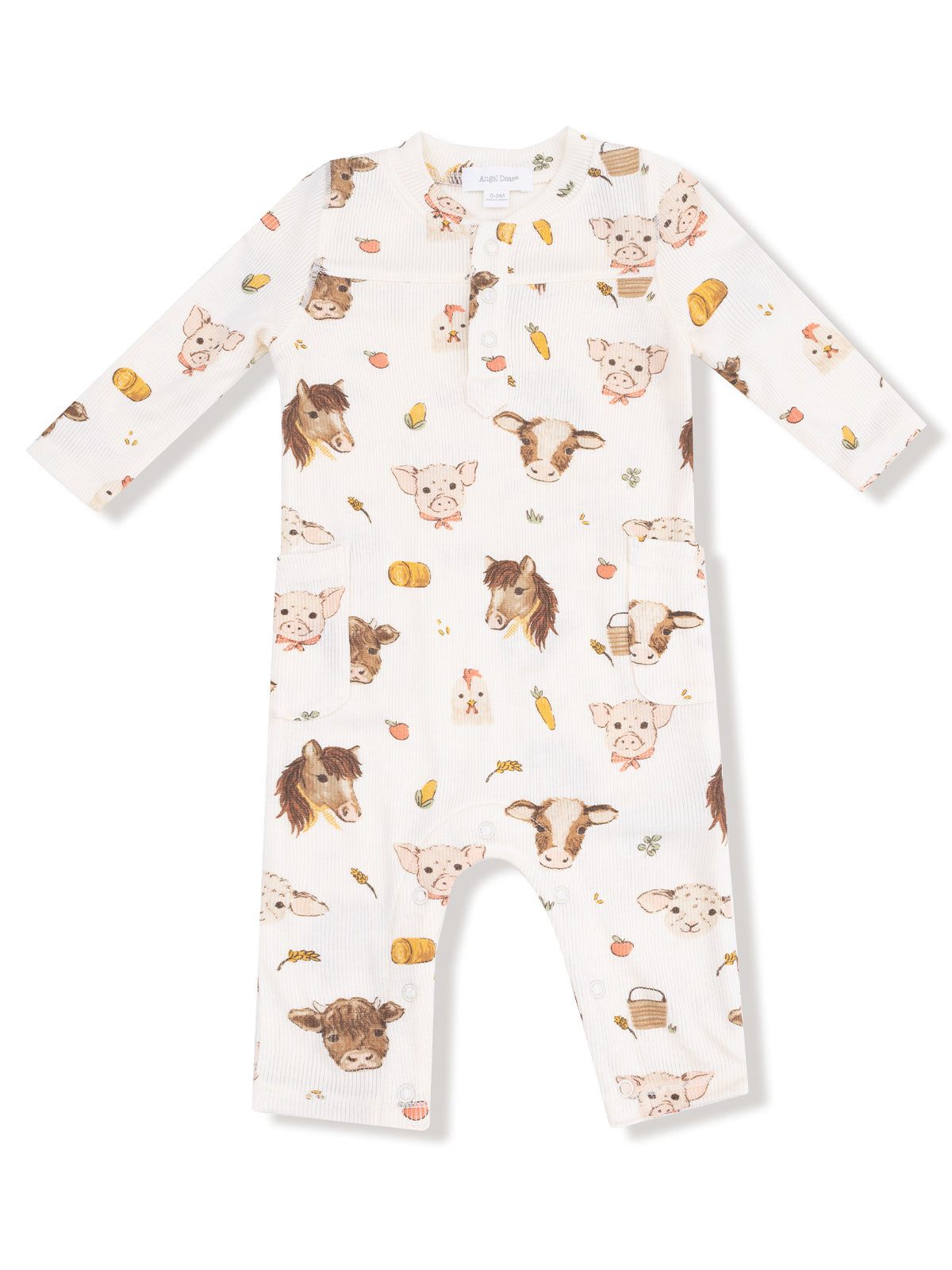 Baby romper with farm animal prints, featuring cows, pigs, and chickens in soft pastel colors.