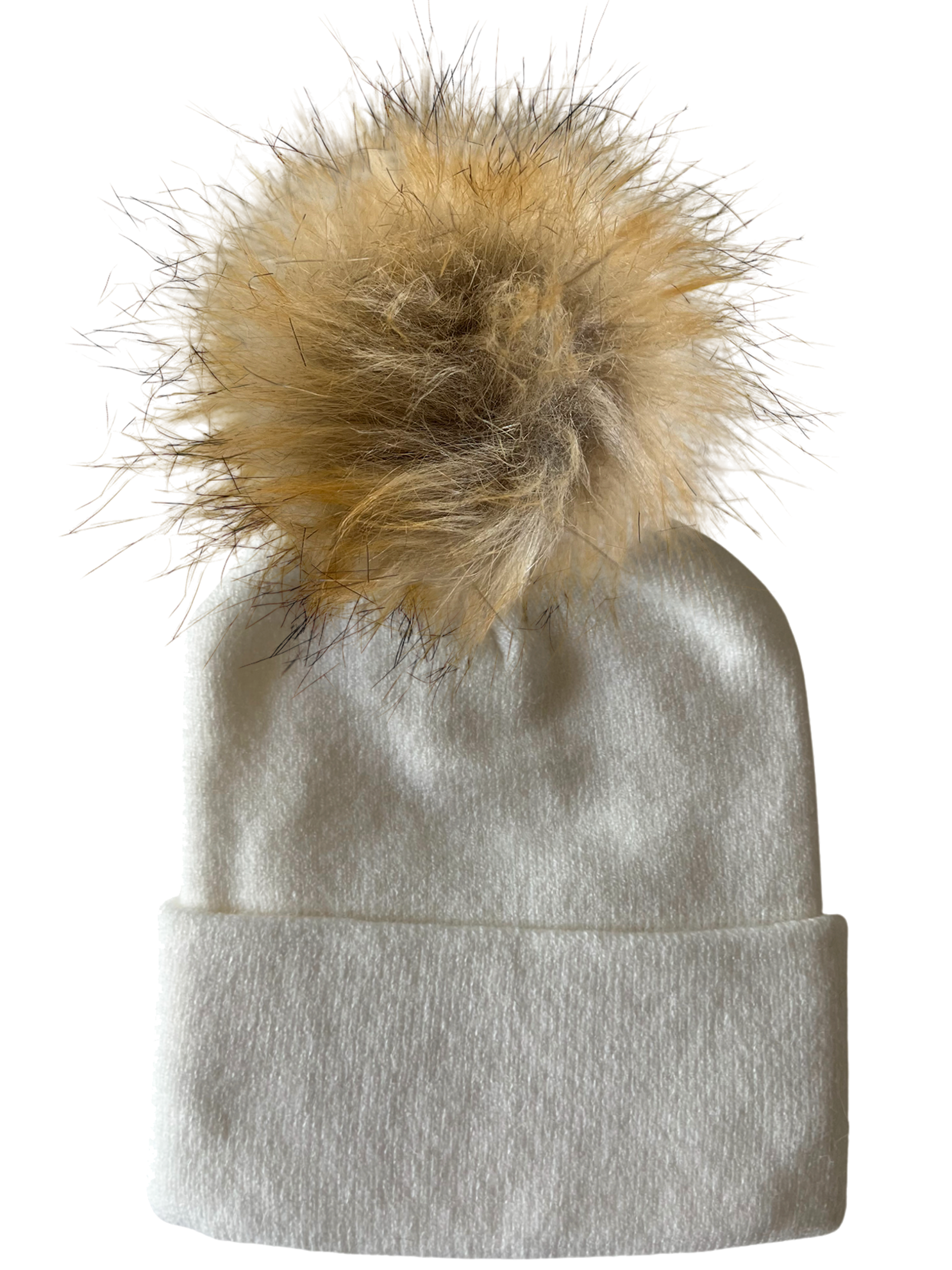 White knit beanie with a fluffy tan pom-pom on top.