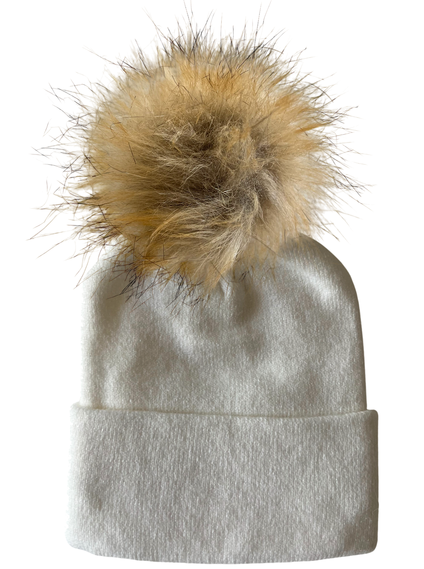 White knit beanie with a fluffy tan pom-pom on top.