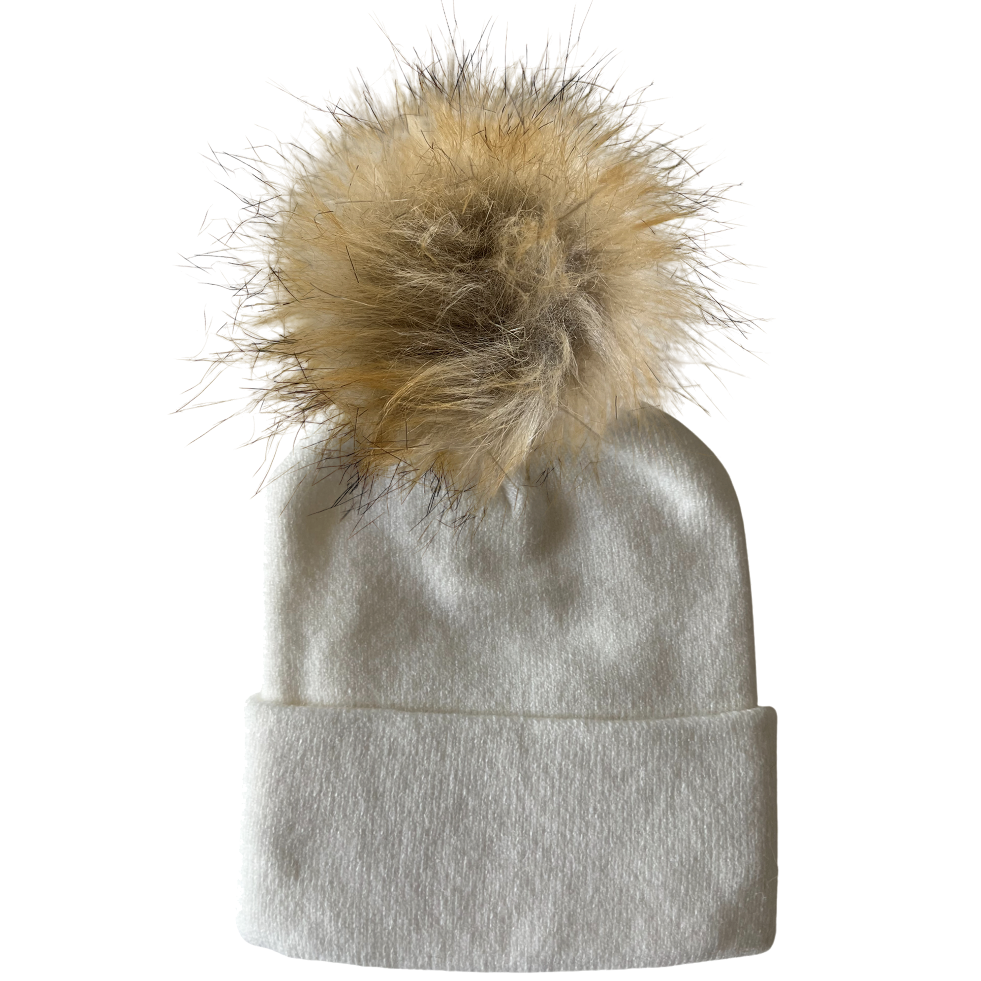 White knit beanie with a fluffy tan pom-pom on top.