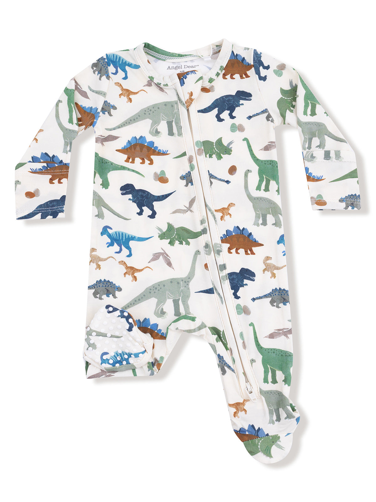 Dinosaur-patterned baby onesie with green, blue, and brown dinosaurs on a white background.