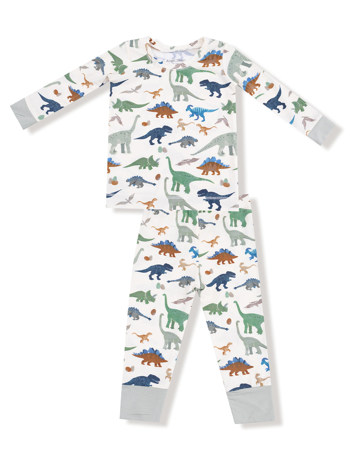 Dinosaur-patterned children's pajamas featuring colorful dinosaurs on a light background.