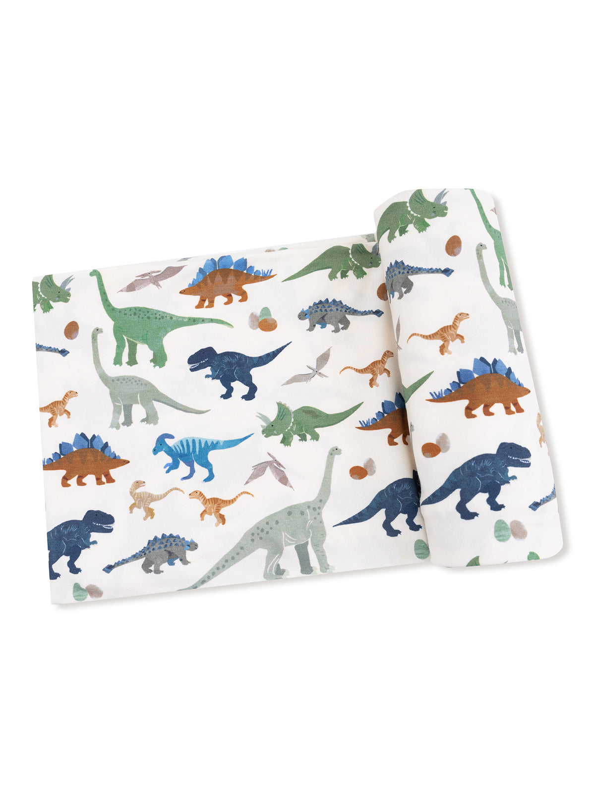 Colorful dinosaur-patterned wrapping paper featuring various dinosaur silhouettes and eggs on a white background.