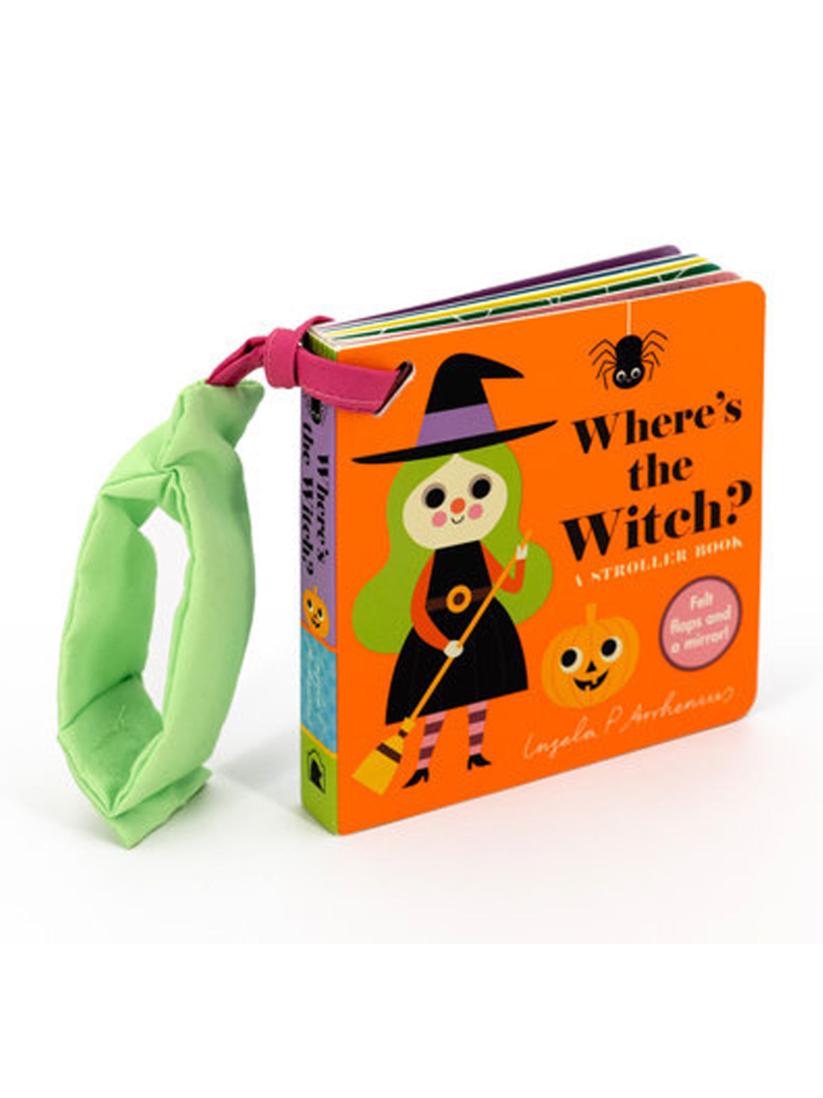 Colorful baby board book titled "Where's the Witch?" featuring a witch, pumpkin, and spider design.
