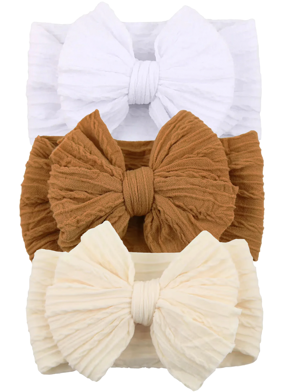 Three textured headbands in white, brown, and off-white, each featuring a large bow design.