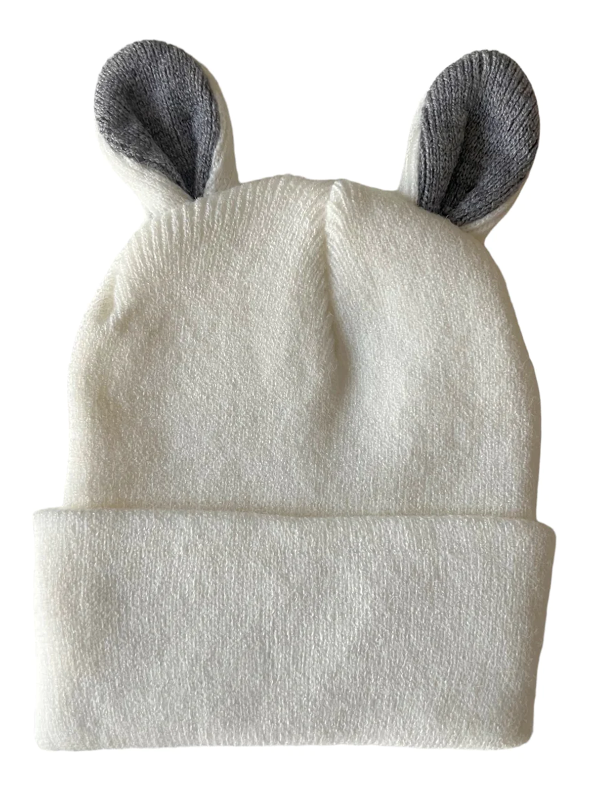 White beanie hat with gray ears on top, perfect for winter wear or playful fashion.