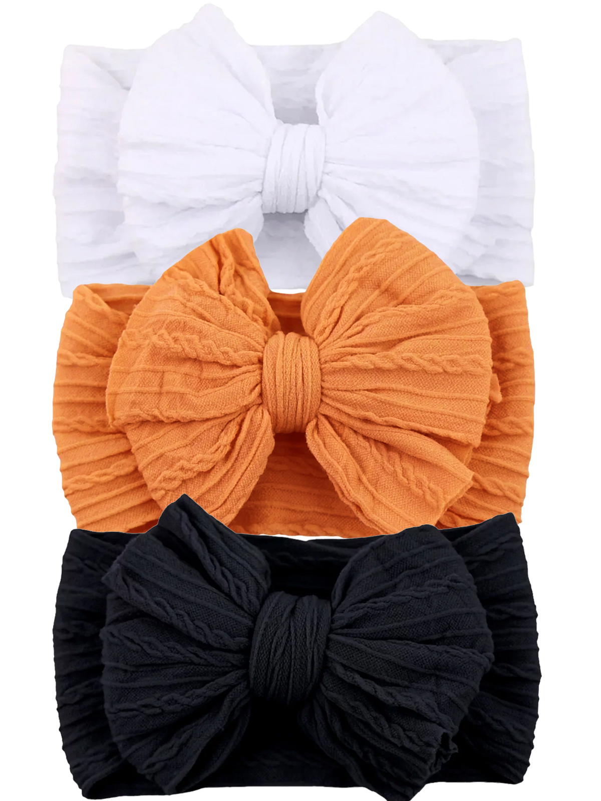 Three textured headbands in white, orange, and black with large bow designs stacked vertically.