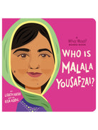 Illustration of a young girl with a headscarf, titled "Who is Malala Yousafzai?" from a board book series.