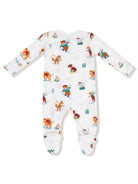 White onesie with colorful winter animal prints, featuring skiing bears, raccoons, and festive scenery.