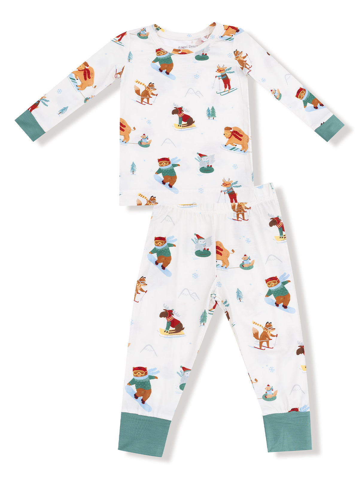 Children's pajama set featuring playful animal designs engaged in winter activities on a white background.