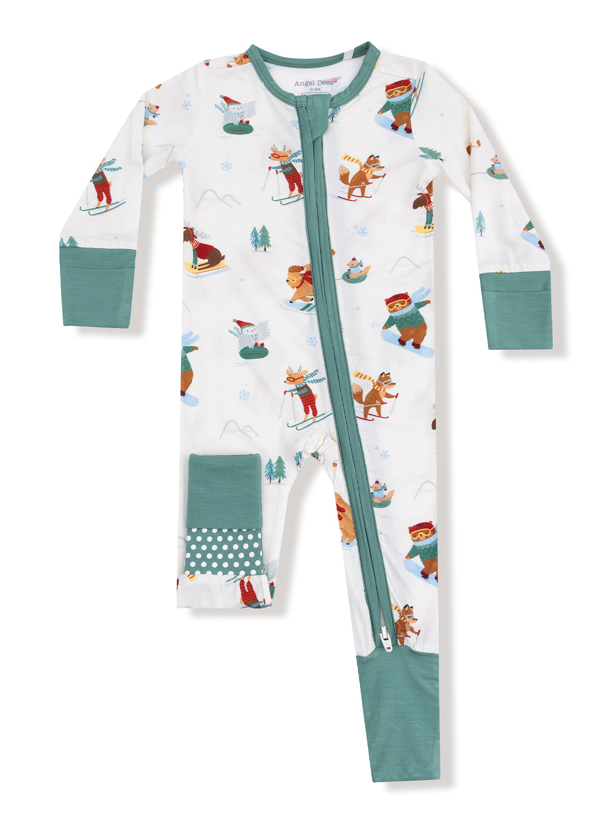 Children's winter-themed one-piece pajama with playful animal illustrations and a front zipper.