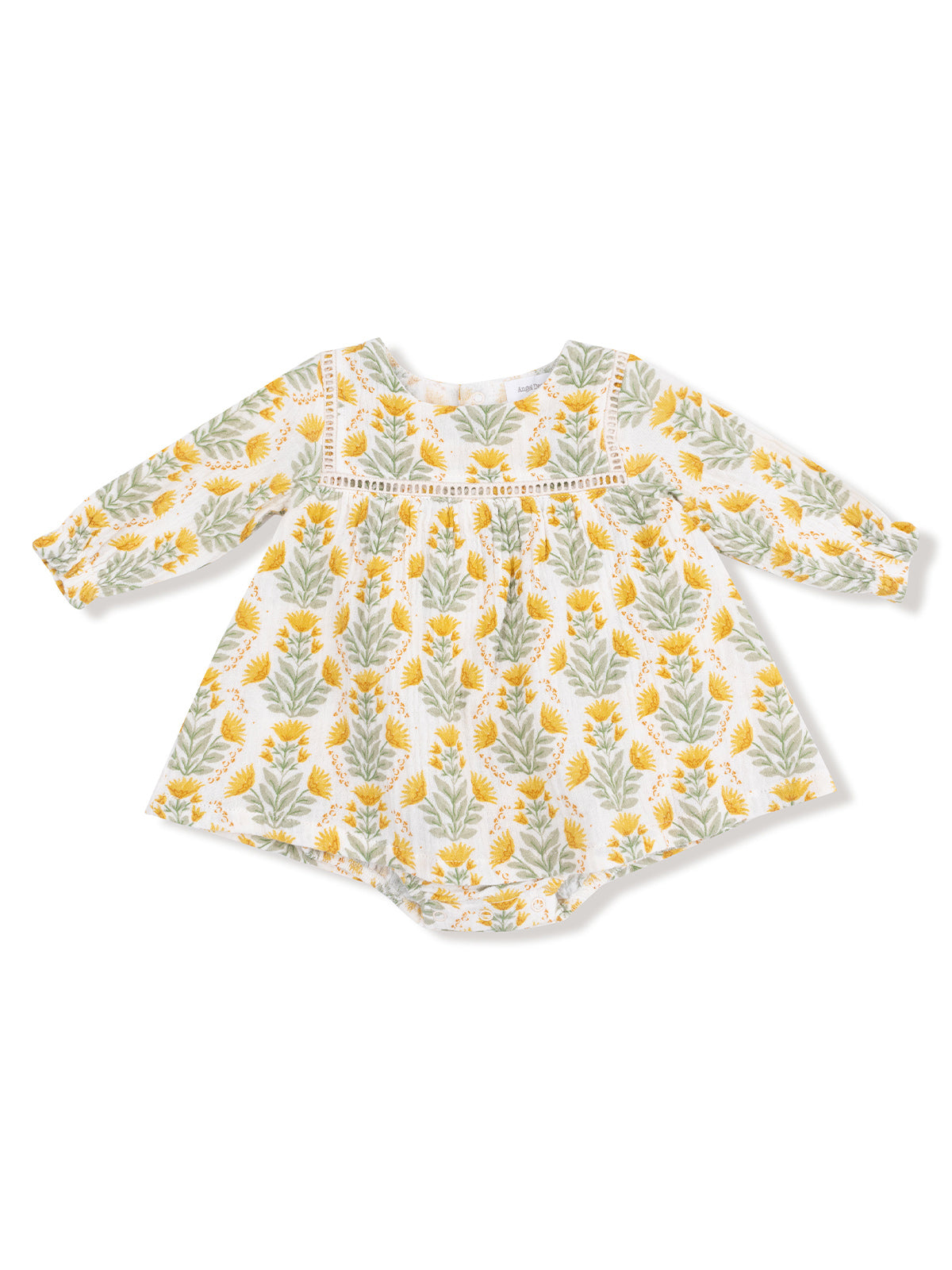 Floral baby dress with yellow and green patterns, featuring long sleeves and a loose silhouette.