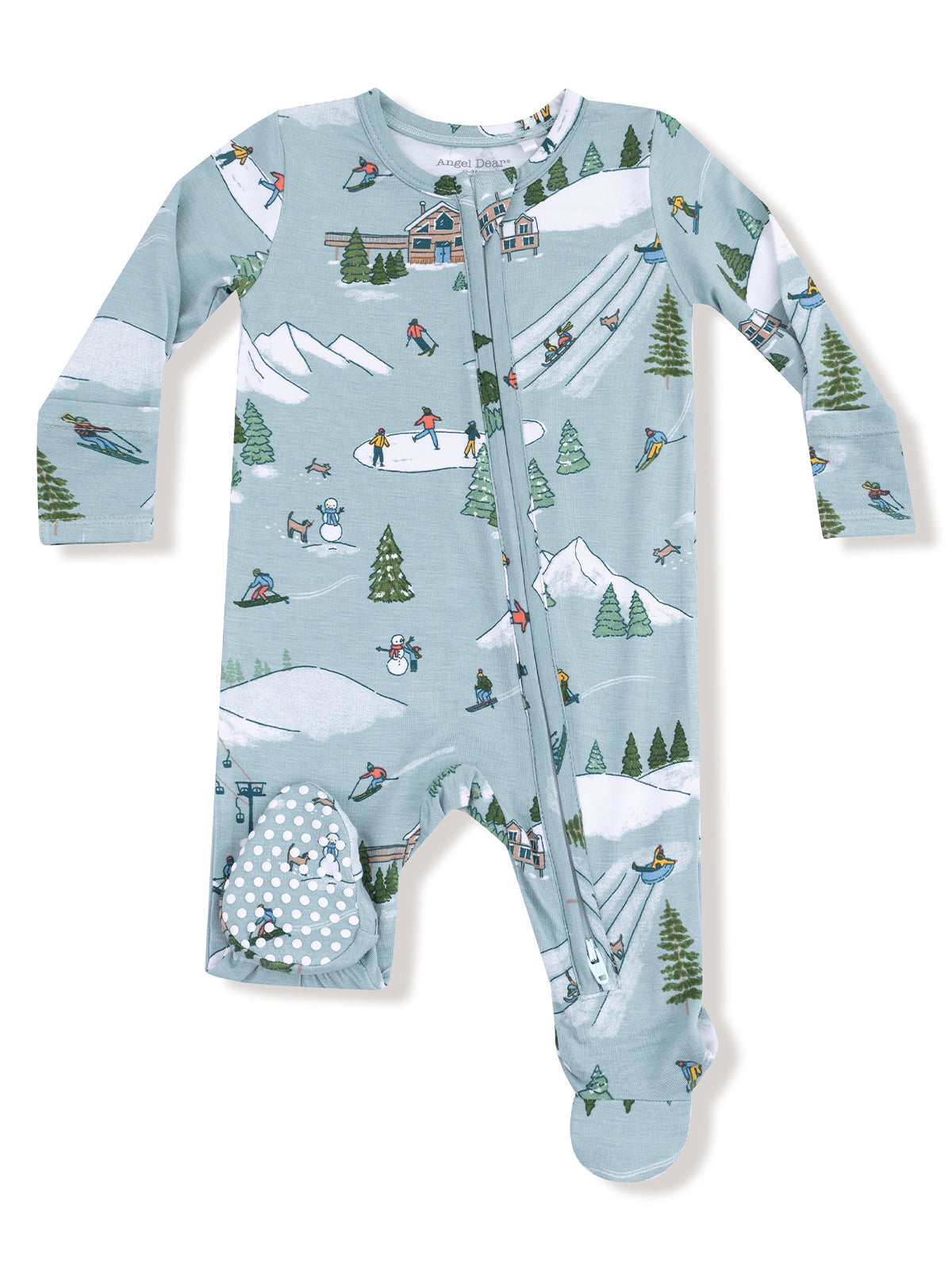 Light blue kids' pajamas with a winter sports print featuring skiing, snowboarding, and snowmen.