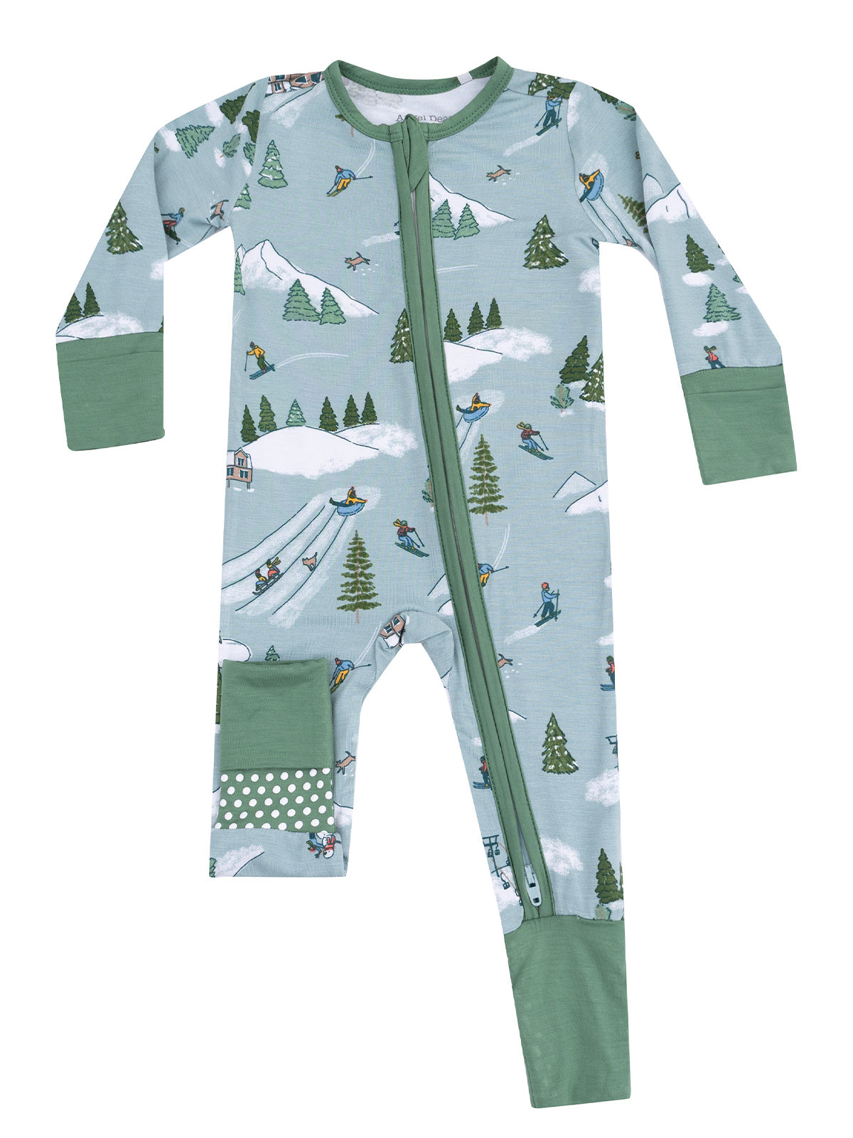 Children's green pajama set with ski-themed print, featuring mountains, trees, and a front zipper closure.