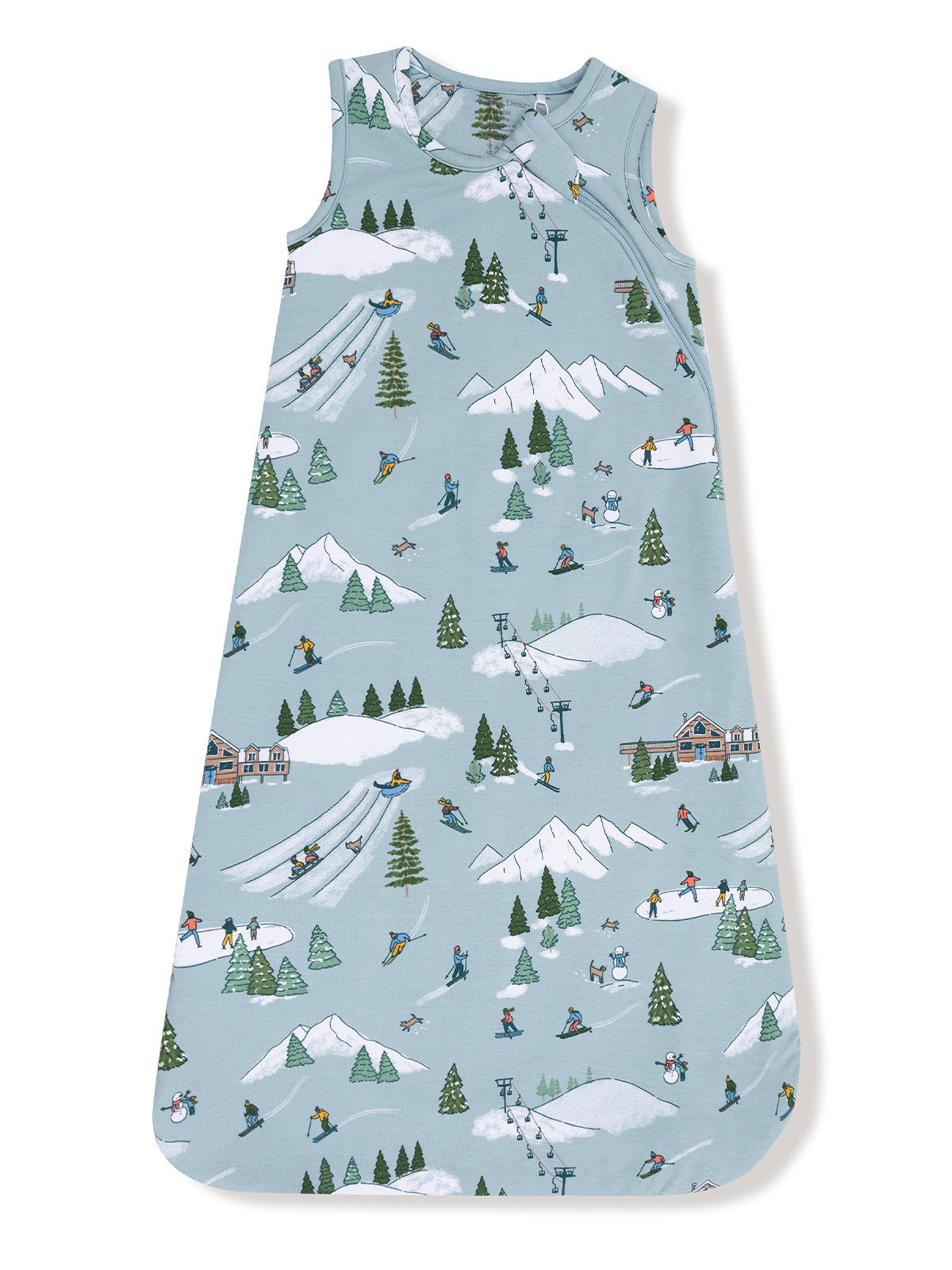 Light blue dress featuring winter sports patterns, including skiing and snowboarding on snowy mountains.