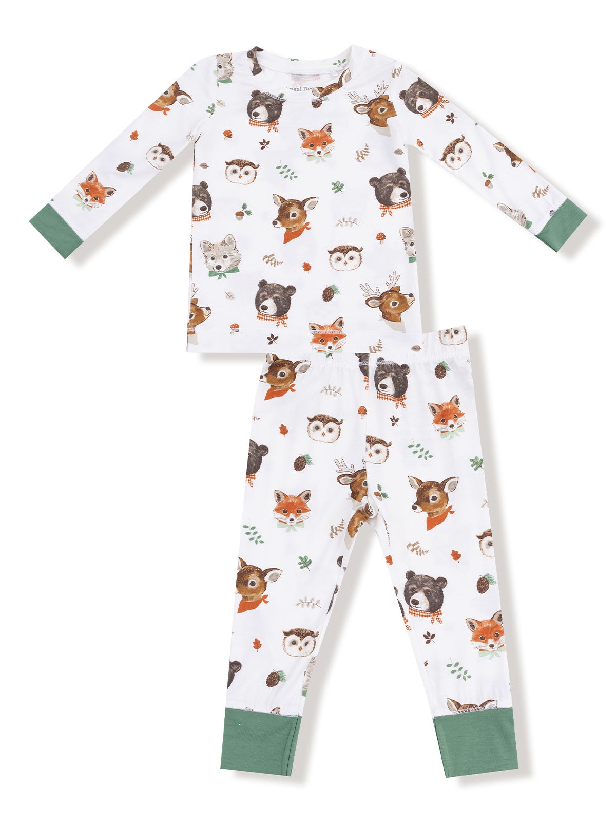 Kids' pajama set featuring animal prints of bears, foxes, and owls on a white background with green cuffs.