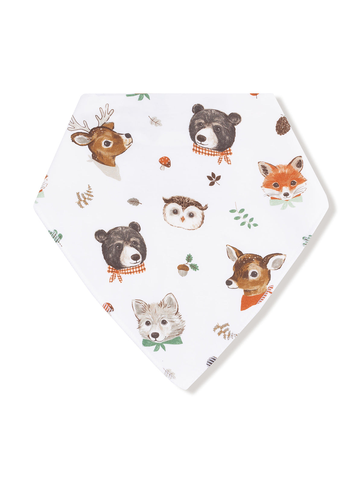 Animal-themed bib featuring illustrations of a bear, fox, owl, deer, and wolf on a white background.