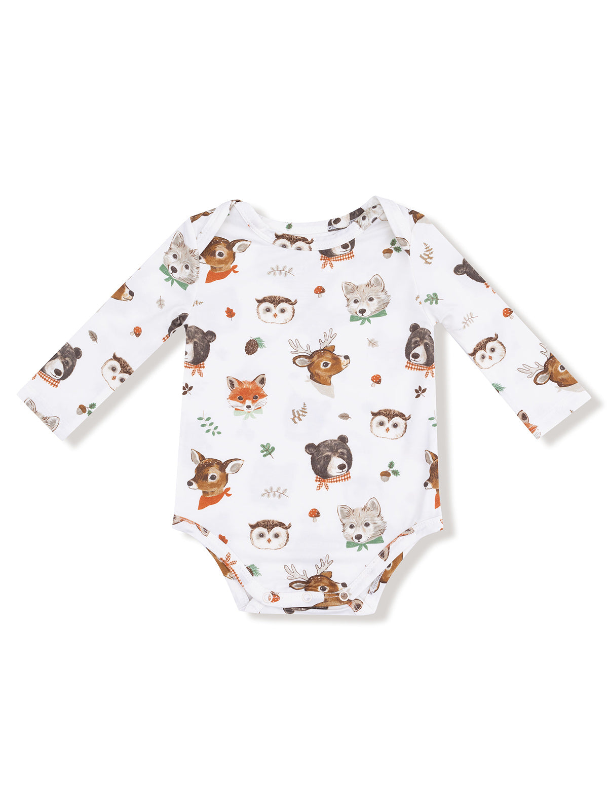 White long-sleeve onesie featuring various forest animal faces in a cute, colorful pattern.
