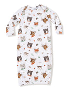 White baby gown featuring playful animal illustrations, including bears, foxes, owls, and deer. Perfect for infants.