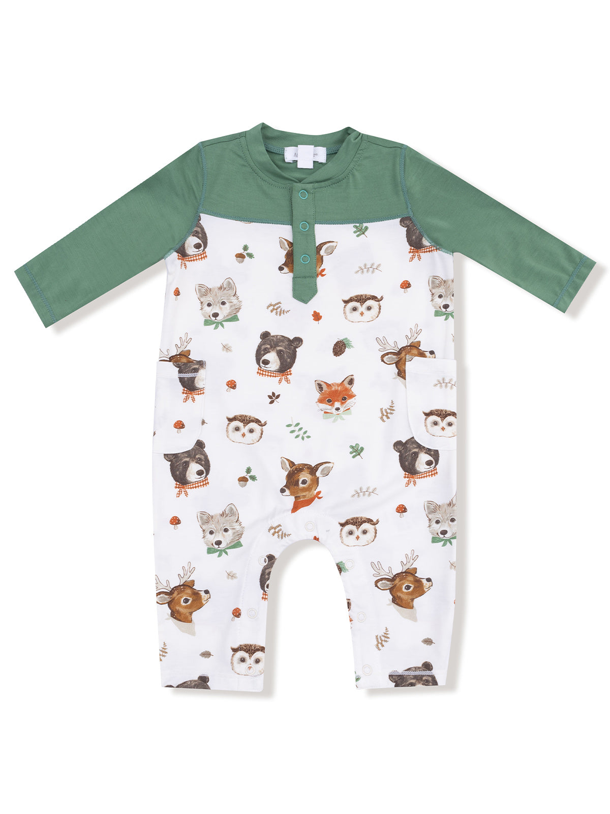 Whimsical animal-print romper with green sleeves, featuring deer, foxes, and owls on a white background.